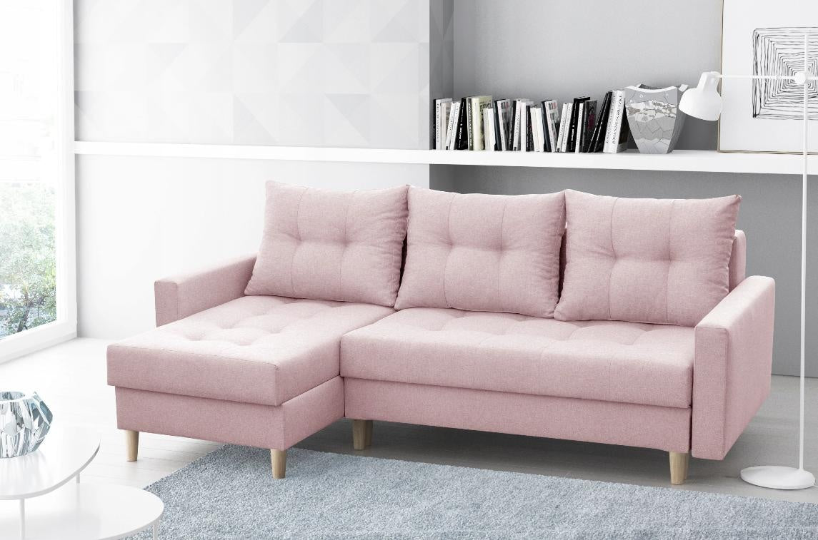 CORNER SOFA BED BRIAN 222x140CM 2X STORAGE SPACE Universal CORNER RIGHT/LEFT / BONELL SPINGS + FOAMTHIS MODEL IS UNIVERSAL WHICH MEANS YOU CAN CHOOSE CORNER SIDE DURING ASSEMBLYMADE IN MALMO FABRIC CLICK HERE3x PILLOWS INCLUDED2X STORAGE SPACEWOODEN LEGSP