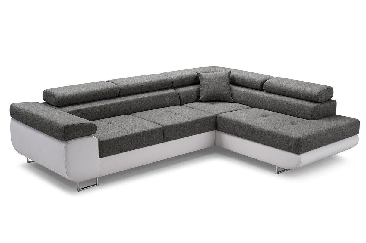 CORNER SOFA BED ASH 273CM GREY/WHITE / SPRINGS + FOAMWavy springs + foam CHOICE OF COLOR Large sleeping areaSEAT AND CUSHIONS MADE IN LUX FABRIC CLICK HERE BOTTOM AND SIDES MADE OF FAUX LEATHER SOFT CLICK HERE Dimensions W: 273cm D:203cm H: 90cm Sleeping