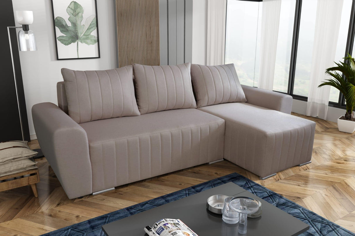 CORNER SOFA BED MALIBU 248CM UNIVERSAL CHOICE OF COLORS UNIVERSAL RIGHT/LEFT CORNER / FOAMTHIS MODEL IS UNIVERSAL WHICH MEANS YOU CAN CHOOSE CORNER SIDE DURING ASSEMBLYMADE IN MALMO FABRIC CLICK HERE3x PILLOWS INCLUDED1X STORAGE SPACEDIMENTIONS:Corner wid