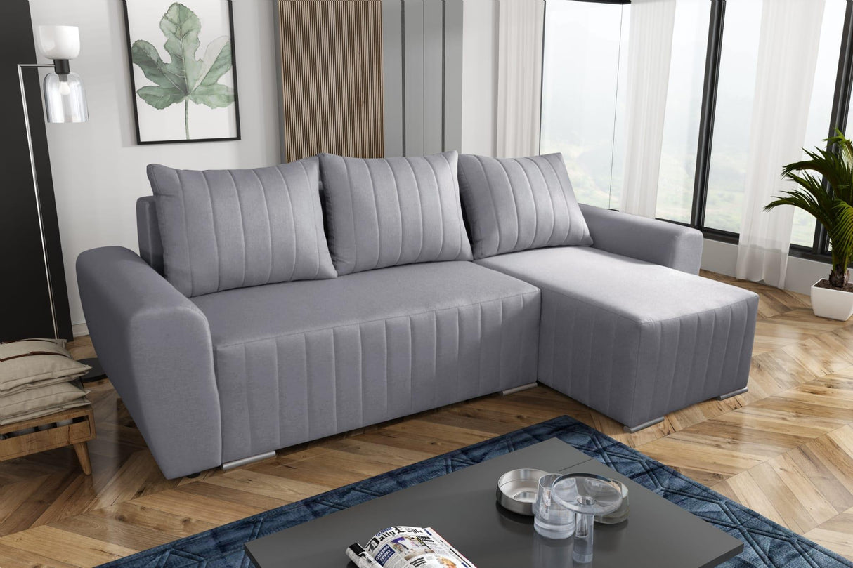 CORNER SOFA BED MALIBU 248CM UNIVERSAL CHOICE OF COLORS UNIVERSAL RIGHT/LEFT CORNER / FOAMTHIS MODEL IS UNIVERSAL WHICH MEANS YOU CAN CHOOSE CORNER SIDE DURING ASSEMBLYMADE IN MALMO FABRIC CLICK HERE3x PILLOWS INCLUDED1X STORAGE SPACEDIMENTIONS:Corner wid