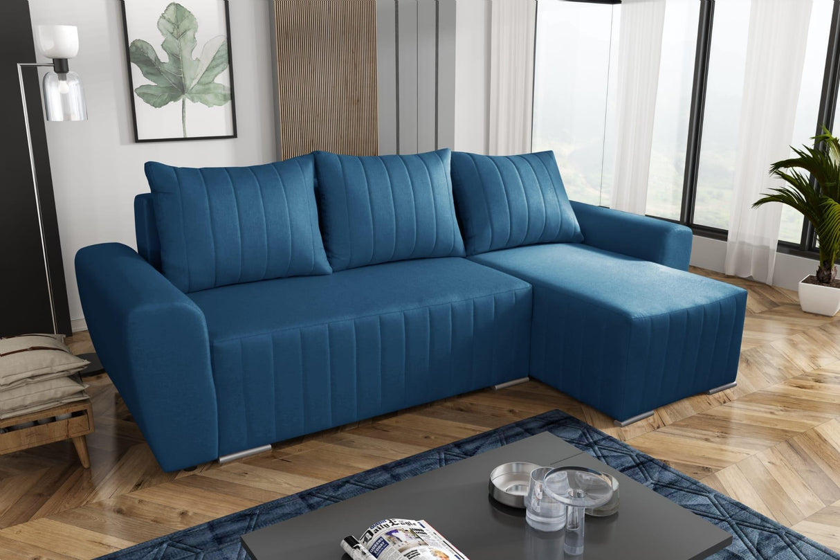 CORNER SOFA BED MALIBU 248CM UNIVERSAL CHOICE OF COLORS UNIVERSAL RIGHT/LEFT CORNER / FOAMTHIS MODEL IS UNIVERSAL WHICH MEANS YOU CAN CHOOSE CORNER SIDE DURING ASSEMBLYMADE IN MALMO FABRIC CLICK HERE3x PILLOWS INCLUDED1X STORAGE SPACEDIMENTIONS:Corner wid