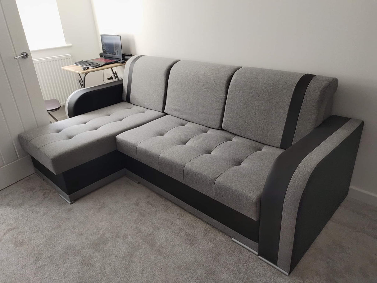 CORNER SOFA BED DINA 236CM 2X STORAGE SPACE GREY/BLACK INARI 91/1114 UNIVERSAL CORNER RIGHT/LEFT CORNER / BONELL SPRINGS + FOAMVIEW ALL COLORS CLICK HERETHIS MODEL IS UNIVERSAL WHICH MEANS YOU CAN CHOOSE CORNER SIDE DURING ASSEMBLYBONELL SPRINGS + FOAM 2