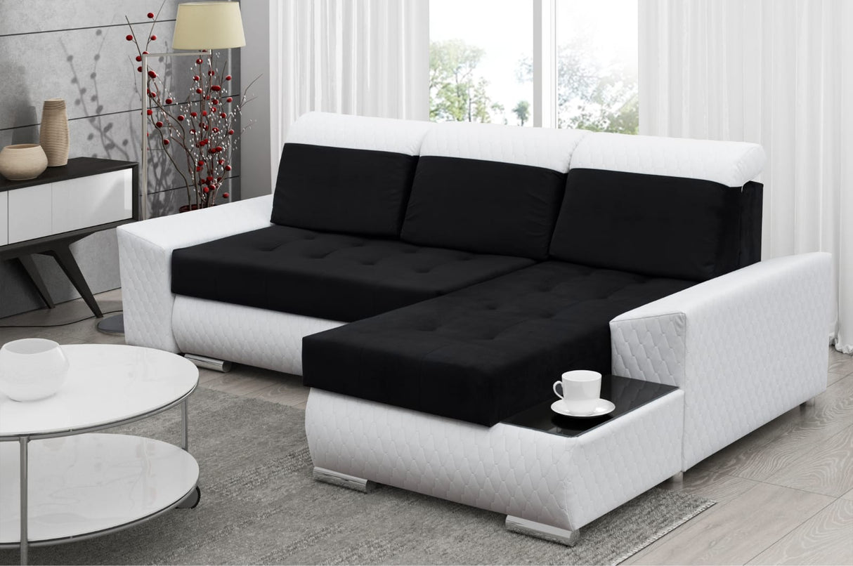 CORNER SOFA BED LONDON 2316/1115/60 252CM 2X STORAGE SPACE STAIN RESISTANT EASY CLEAN FABRIC / BONELL SPRINGS + FOAM252X167CMSLEEPING AREA 200X140CMFABRIC:CASABLANCA + FAUX LEATHERFEATURES:2X STORAGE CONTAINERSGLASS SHELFSTAIN RESISTANT FABRICBONELL SPRIN