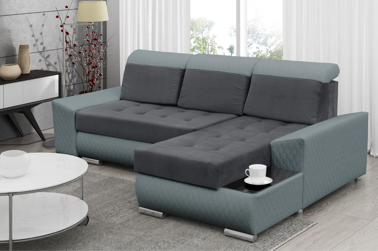 CORNER SOFA BED LONDON 2315/1132/60 252CM 2X STORAGE SPACE STAIN RESISTANT EASY CLEAN FABRIC / BONELL SPRINGS + FOAM252X167CMSLEEPING AREA 200X140CMFABRIC:CASABLANCA + FAUX LEATHERFEATURES:2X STORAGE CONTAINERSGLASS SHELFSTAIN RESISTANT FABRICBONELL SPRIN