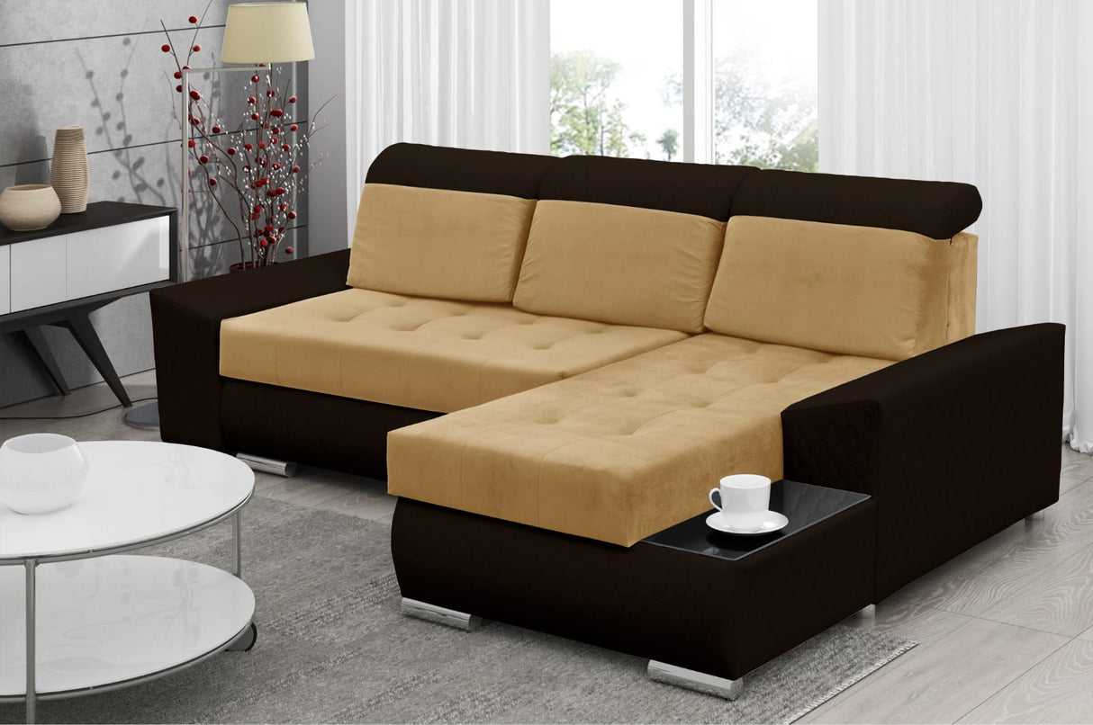 CORNER SOFA BED LONDON 2304/1113/60 252CM 2X STORAGE SPACE STAIN RESISTANT EASY CLEAN FABRIC / BONELL SPRINGS + FOAM252X167CMSLEEPING AREA 200X140CMFABRIC:CASABLANCA + FAUX LEATHERFEATURES:2X STORAGE CONTAINERSGLASS SHELFSTAIN RESISTANT FABRICBONELL SPRIN
