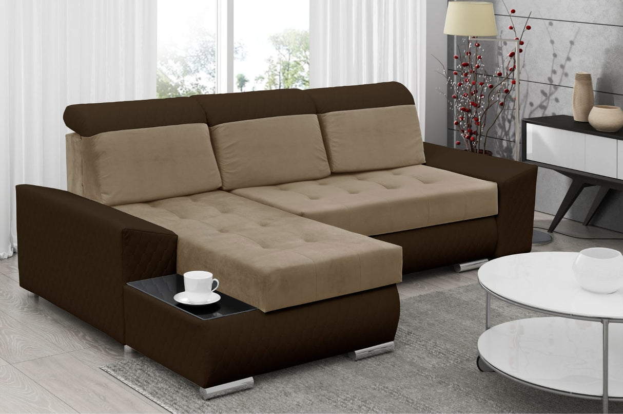 CORNER SOFA BED LONDON 2303/1116/60 252CM 2X STORAGE SPACE STAIN RESISTANT EASY CLEAN FABRIC / BONELL SPRINGS + FOAM252X167CMSLEEPING AREA 200X140CMFABRIC:CASABLANCA + FAUX LEATHERFEATURES:2X STORAGE CONTAINERSGLASS SHELFSTAIN RESISTANT FABRICBONELL SPRIN