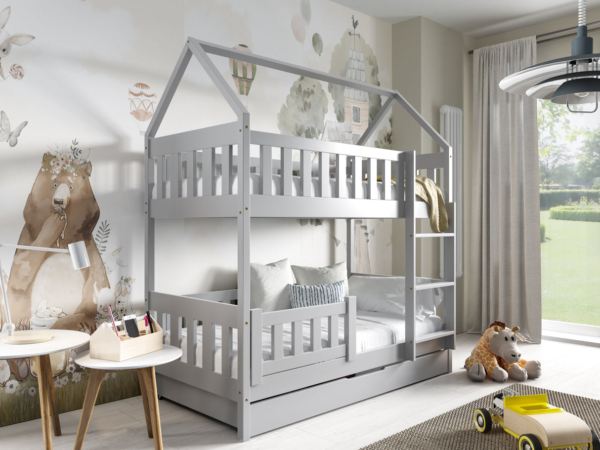 HOUSE SHAPE SOLID PINE BUNK BED BELLA GREY 168x86cm WITH DRAW AND MATTRESSThe bed is made entirely of FSC-certified pine wood, covered with three layers of varnish safe for children. Removable safety barrier will protect the smallest children from falling