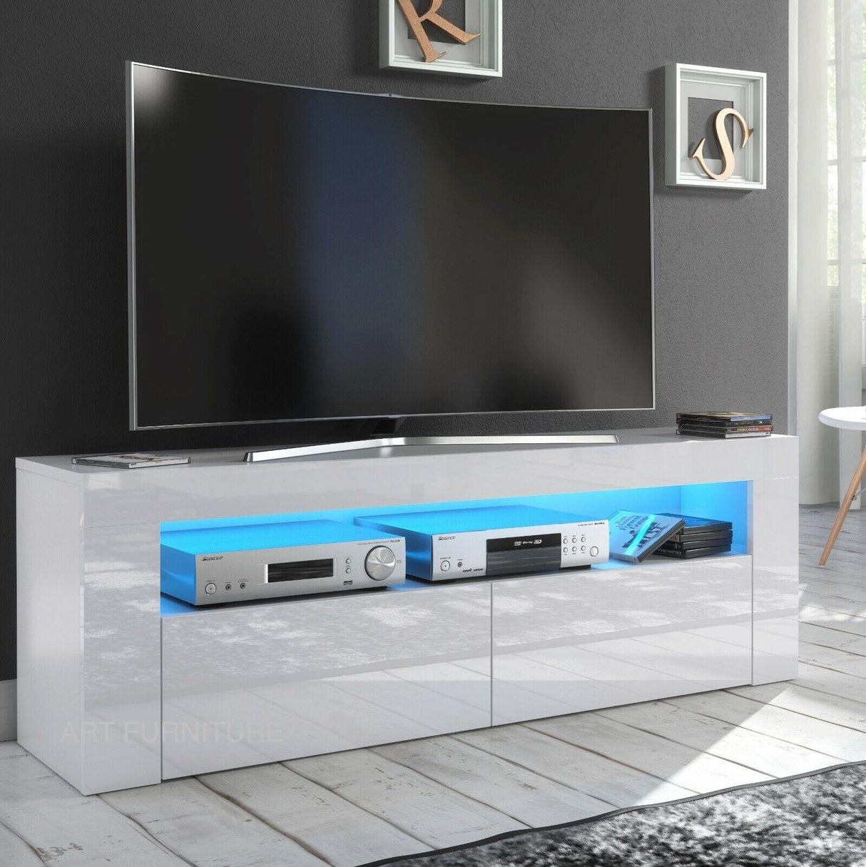 TV STAND DACO 2 WHITE GLOSS FRONTS 140CMDepth: 40 cmWidth: 140 cmHeight: 45 cmhttps://cdn.shopify.com/s/files/1/2162/9827/files/RTV_RUMBA_120-140_27.04.2020.PDF?v=1667516476Minimalist designThe cabinet has 2 functional and roomy storage compartments.The f