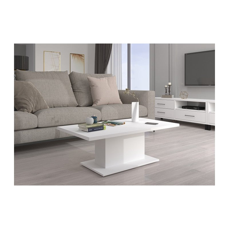 COFFEE TABLE BRISTOL WHITE 110X60CMTable dimensionwid. 110 cm / dep. 60 cm / height 43 cmExecution: base made of white laminated board, 16mm thick The table top is 28mm thick, white.Anna Furniture