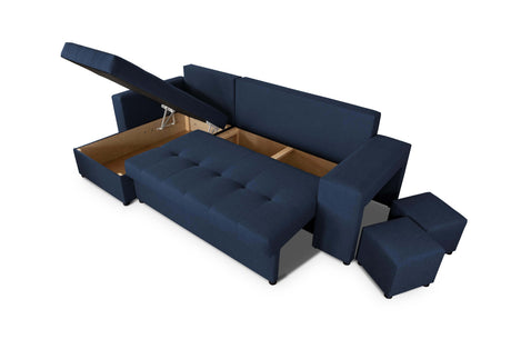 CORNER SOFA BED LEON 255CM 2X STORAGE SPACE UNIVERSAL CORNER RIGHT/LEFT CORNER / BONELL SPRINGS + FOAMFEATURES:BONELL SPRINGS + T28 FOAM 3 X LARGE BACKREST PILLOWS 2X STORAGE SPACE 2X STOOLBed-folding function DL SYSTEM (The unfolding process involves gen