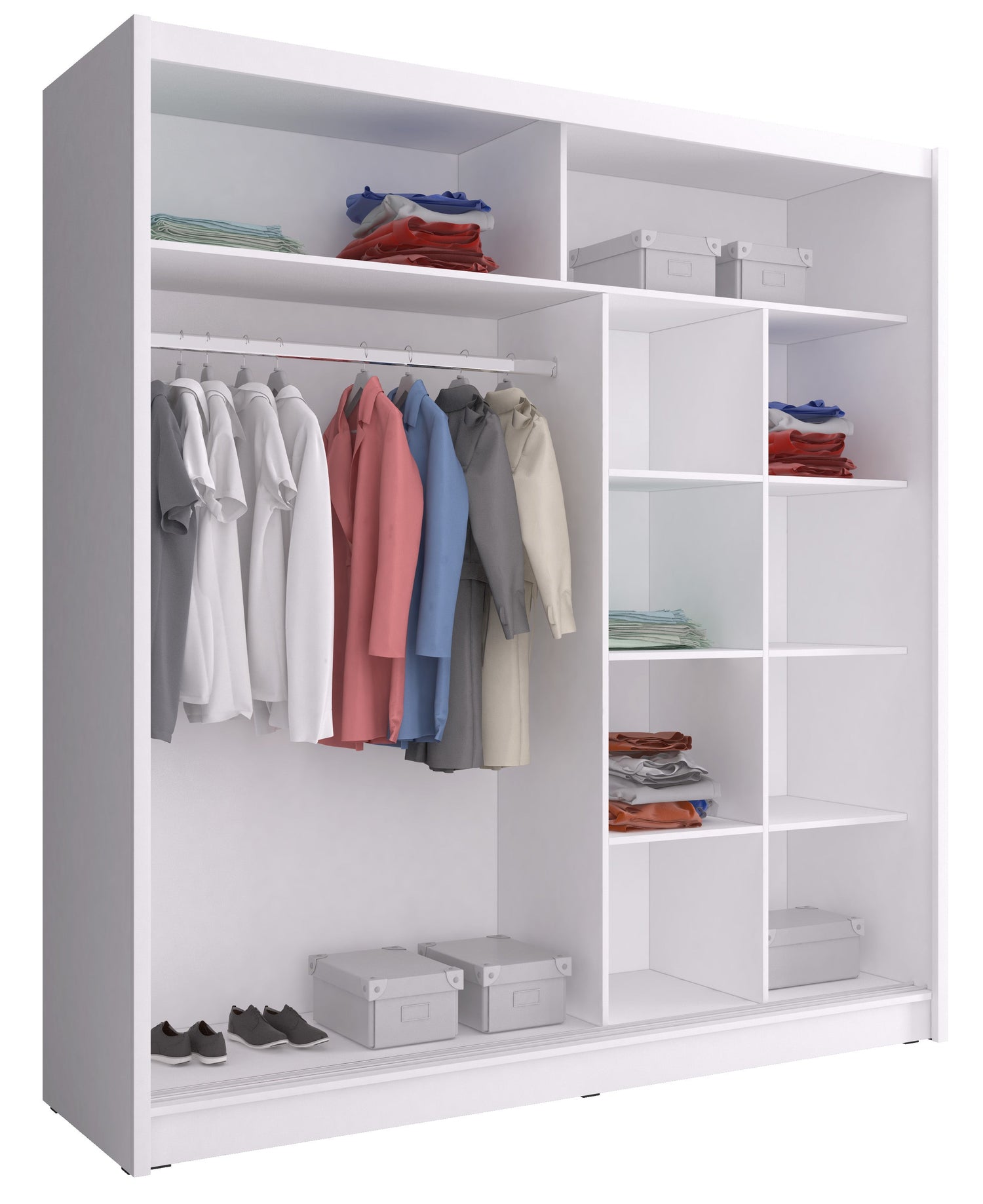 SLIDING DOOR WARDROBE MAJA ALU 200CM WHITESliding wardrobes with mirror - a clever way to optically enlarge the room Maximize your space with the MAJA I ALU 200CM WHITE sliding door wardrobe. Color: Body: WHITE Front: white + silver strips The wardrobe's