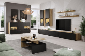 TV WALL UNIT BAROS ARTISAN/BLACKThe set consists of the following elements(width/height/depth in cm)2 x Hanging cabinet (35/100/25cm)2 x Hanging shelf (120/20/8cm)TV chest of drawers (180/26/41cm)TV chest of drawers (90/26/41)SIDEBOARD IS NOT INCLUDED IN