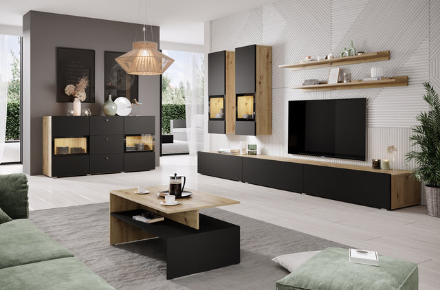 TV WALL UNIT BAROS ARTISAN/BLACKThe set consists of the following elements(width/height/depth in cm)2 x Hanging cabinet (35/100/25cm)2 x Hanging shelf (120/20/8cm)TV chest of drawers (180/26/41cm)TV chest of drawers (90/26/41)SIDEBOARD IS NOT INCLUDED IN