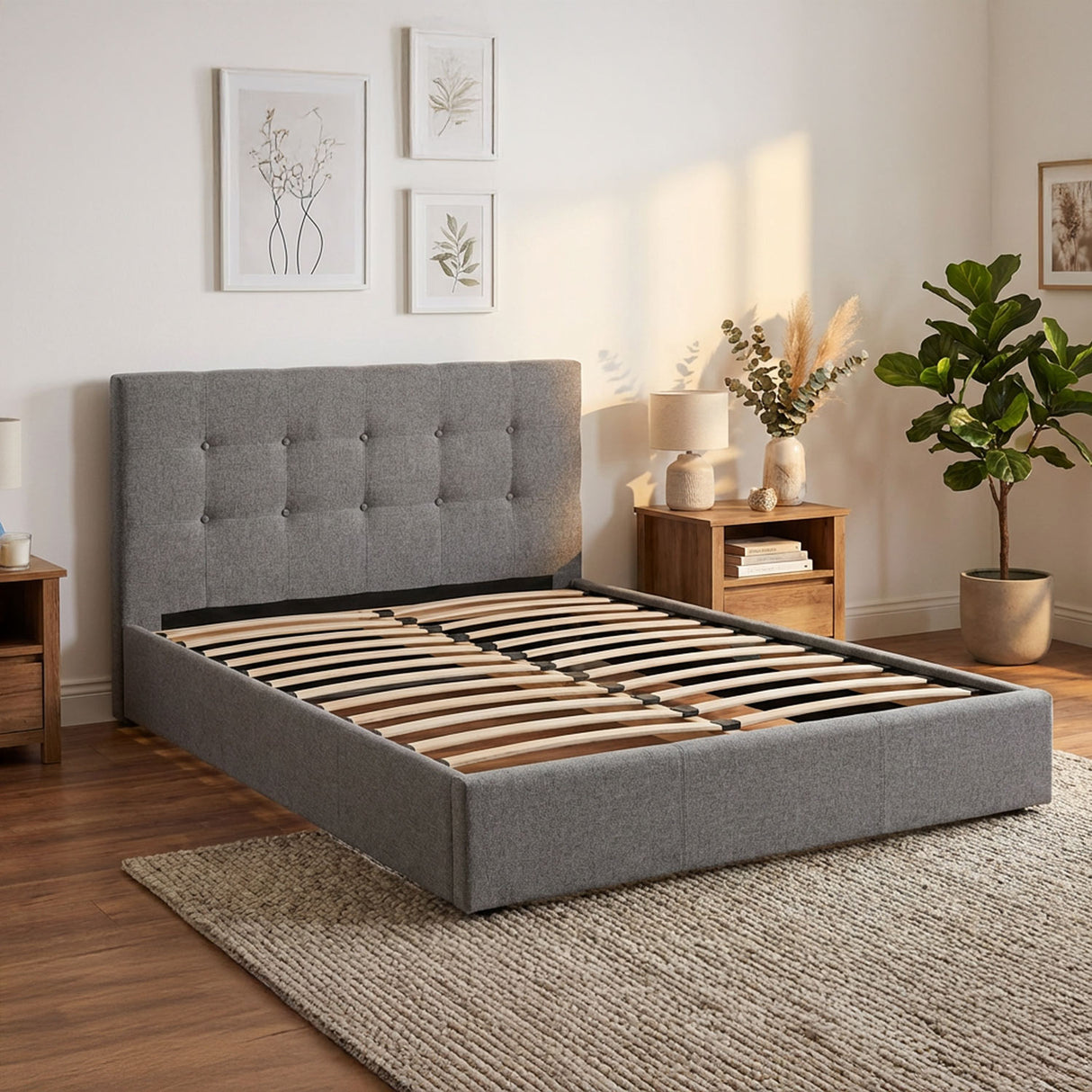 NEW!! FREE DELIVERY! Wooden slatted Bed Frame No Storage Cloud – Teddy Boucle fabric | Available in All Sizes & Any Color - Anna Furniture