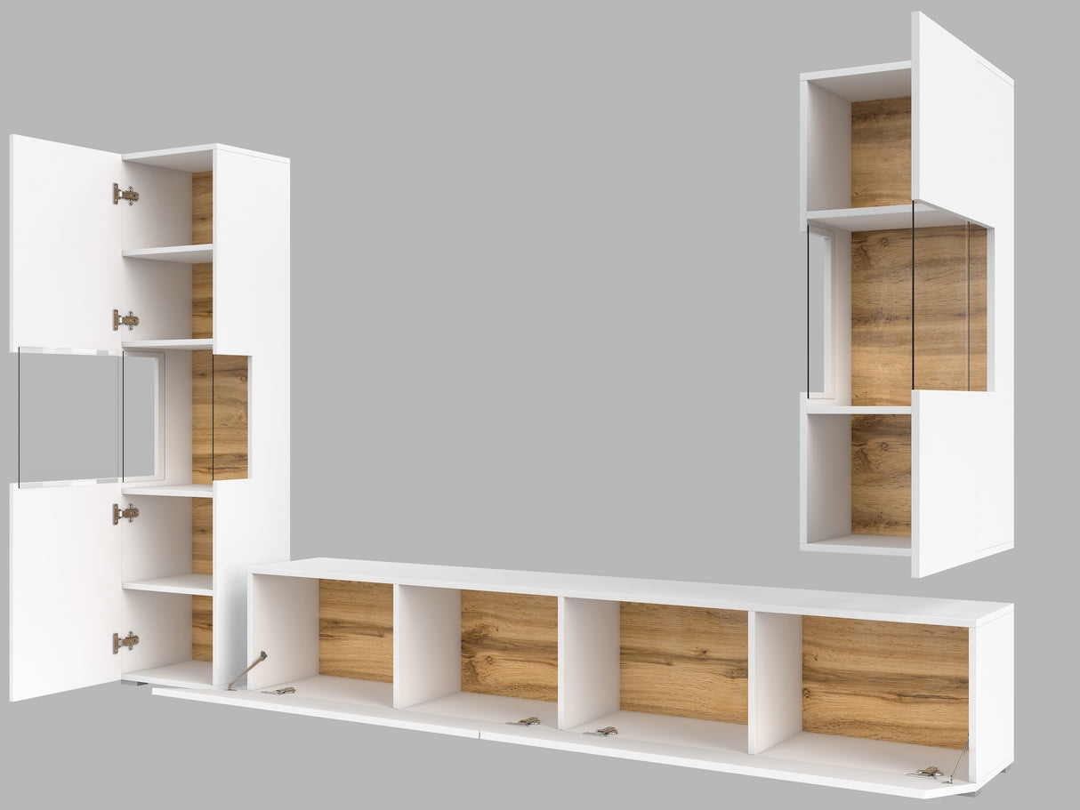 TV WALL UNIT AVA Wotan oak/whiteThe set consists of the following elements(width/height/depth in cm)AVA 05 display cabinet (36/140/30)AVA 07 display cabinet (36/95/30)TV chest of drawers AVA 40 (180/35/30)Specific information ColorationWotan Oak / White A