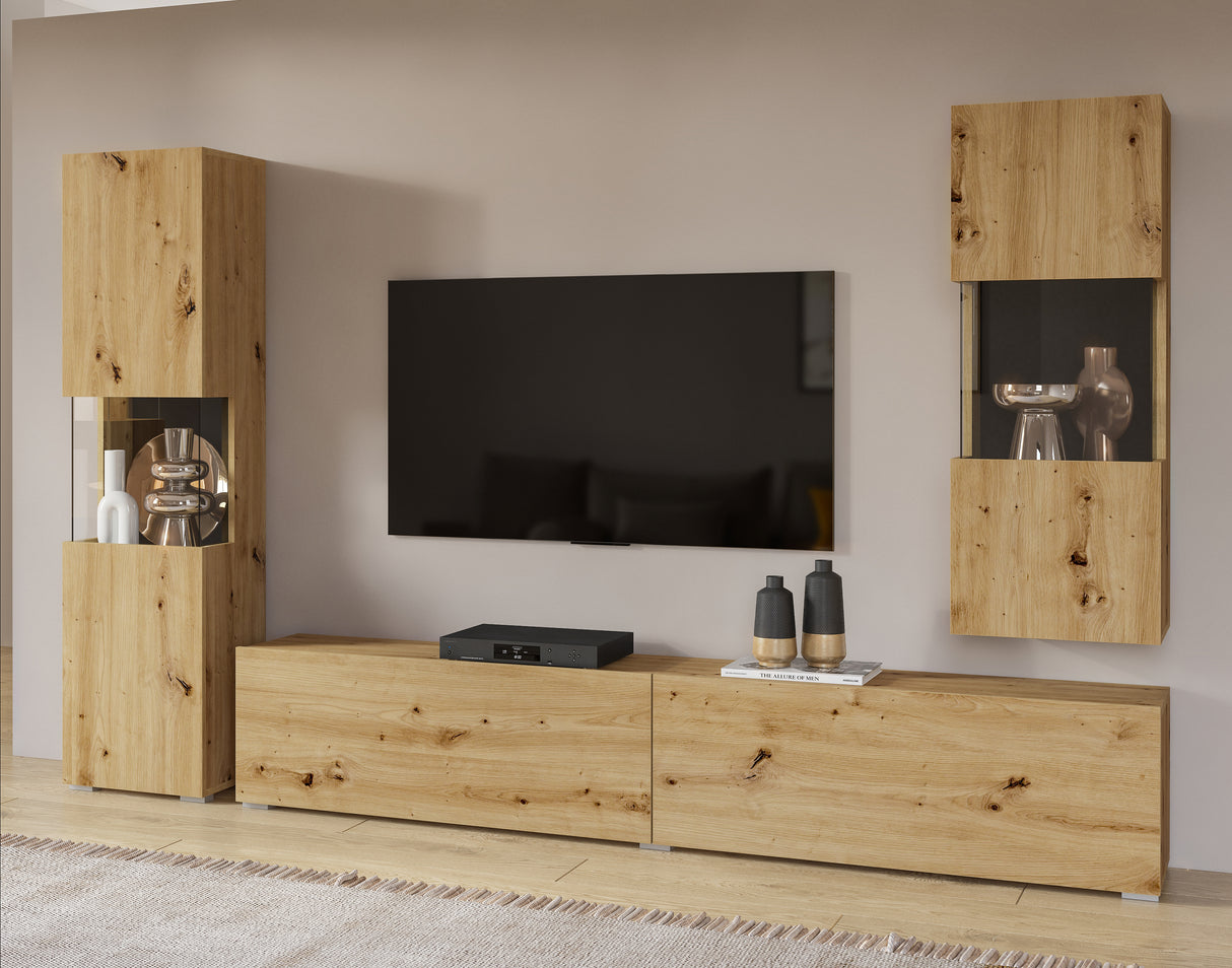 TV WALL UNIT AVA artisak oak black/arisan oakThe set consists of the following elements(width/height/depth in cm)AVA 05 display cabinet (36/140/30)AVA 07 display cabinet (36/95/30)TV chest of drawers AVA 40 (180/35/30)Specific information ColorationArtisa