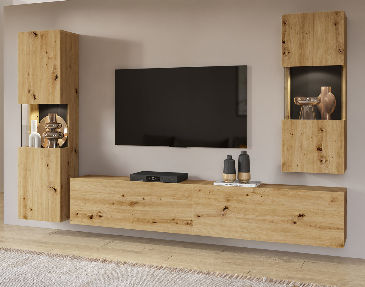 TV WALL UNIT AVA artisak oak black/arisan oakThe set consists of the following elements(width/height/depth in cm)AVA 05 display cabinet (36/140/30)AVA 07 display cabinet (36/95/30)TV chest of drawers AVA 40 (180/35/30)Specific information ColorationArtisa