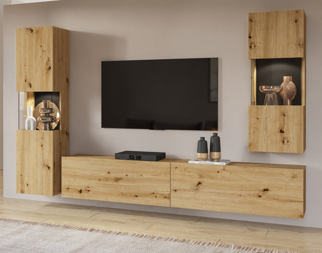 TV WALL UNIT AVA artisak oak black/arisan oakThe set consists of the following elements(width/height/depth in cm)AVA 05 display cabinet (36/140/30)AVA 07 display cabinet (36/95/30)TV chest of drawers AVA 40 (180/35/30)Specific information ColorationArtisa