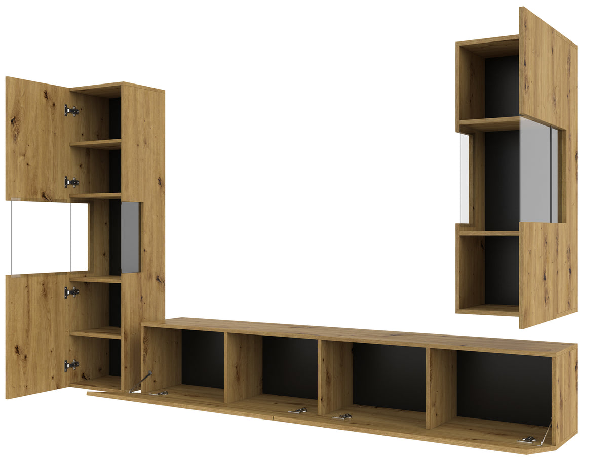 TV WALL UNIT AVA artisak oak black/arisan oakThe set consists of the following elements(width/height/depth in cm)AVA 05 display cabinet (36/140/30)AVA 07 display cabinet (36/95/30)TV chest of drawers AVA 40 (180/35/30)Specific information ColorationArtisa