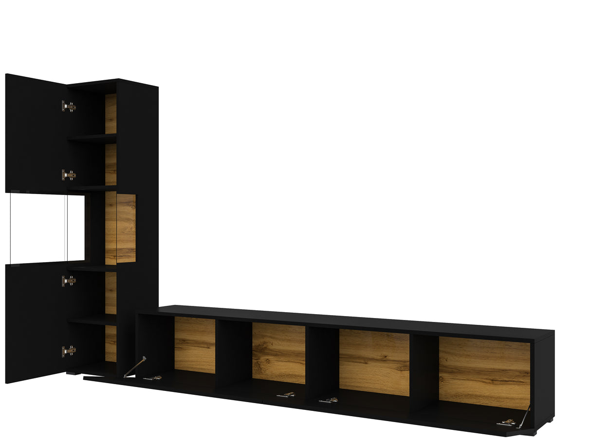 TV WALL UNIT AVA Wotan oak/blackThe set consists of the following elements(width/height/depth in cm)AVA 05 display cabinet (36/140/30)AVA 07 display cabinet (36/95/30)TV chest of drawers AVA 40 (180/35/30)Specific information ColorationWotan Oak / Black (
