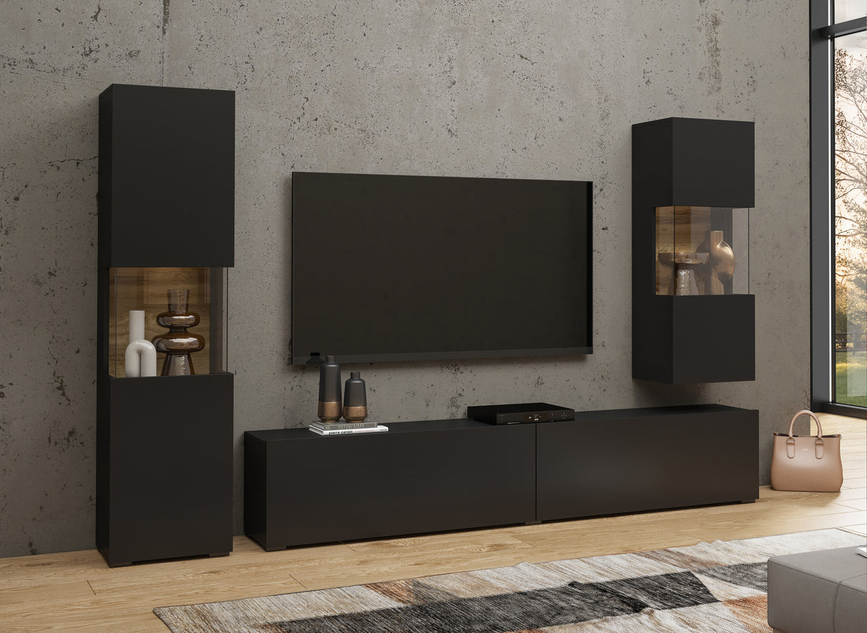 TV WALL UNIT AVA Wotan oak/blackThe set consists of the following elements(width/height/depth in cm)AVA 05 display cabinet (36/140/30)AVA 07 display cabinet (36/95/30)TV chest of drawers AVA 40 (180/35/30)Specific information ColorationWotan Oak / Black (