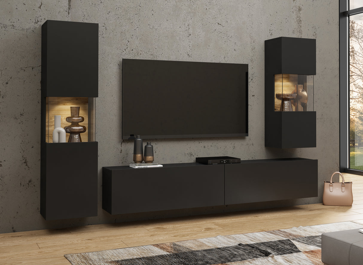 TV WALL UNIT AVA Wotan oak/blackThe set consists of the following elements(width/height/depth in cm)AVA 05 display cabinet (36/140/30)AVA 07 display cabinet (36/95/30)TV chest of drawers AVA 40 (180/35/30)Specific information ColorationWotan Oak / Black (