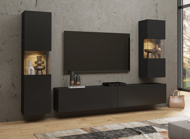 TV WALL UNIT AVA Wotan oak/blackThe set consists of the following elements(width/height/depth in cm)AVA 05 display cabinet (36/140/30)AVA 07 display cabinet (36/95/30)TV chest of drawers AVA 40 (180/35/30)Specific information ColorationWotan Oak / Black (