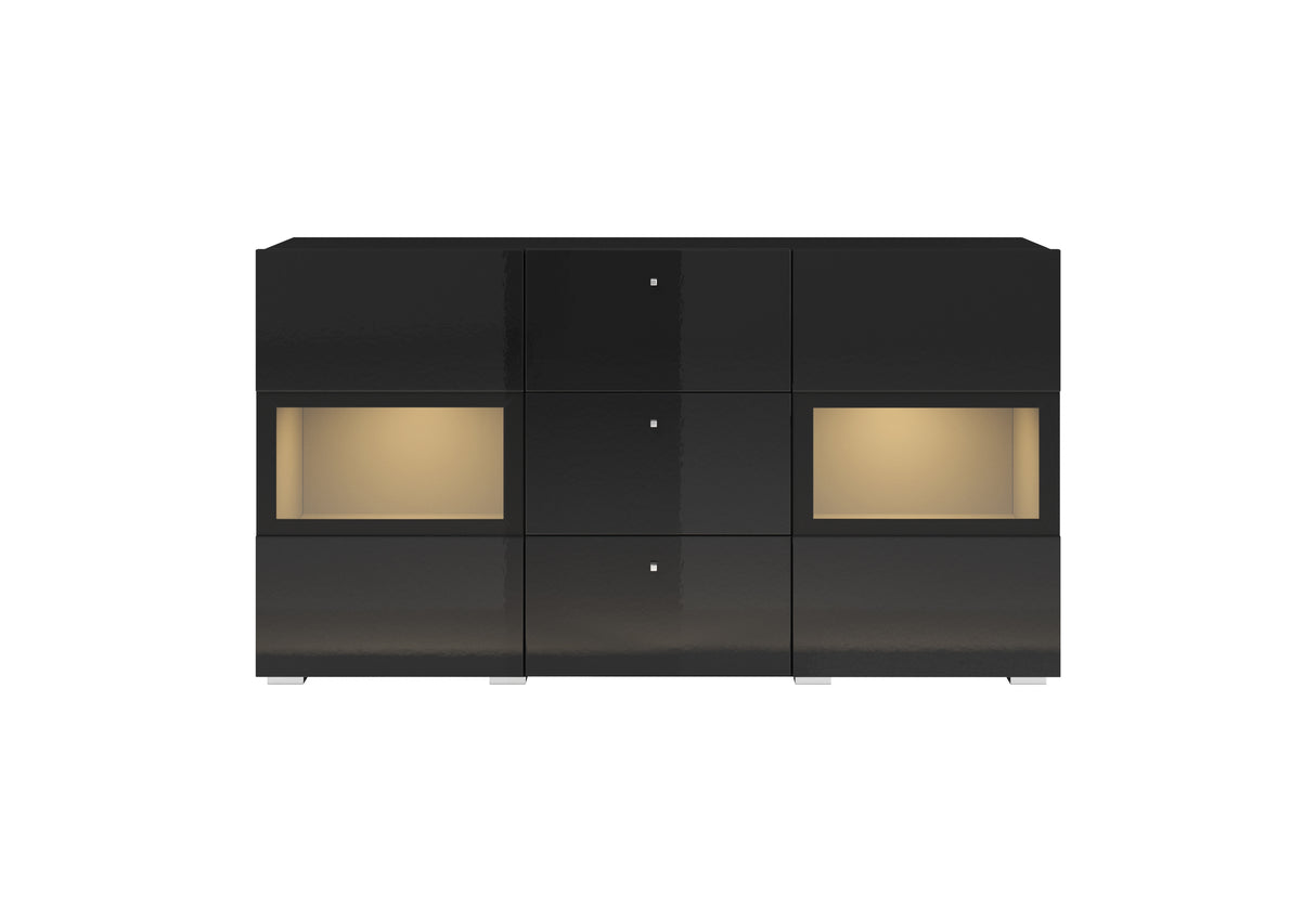 SIDEBOARD ATHENS 132CM BLACK GLOSS / BLACKThe Athens 26 sideboard cabinet has a functional, modern and brilliantly crafted design, blending in seamlessly with your contemporary home. Three drawers and two partially-glazed hinged doors allow you to store a