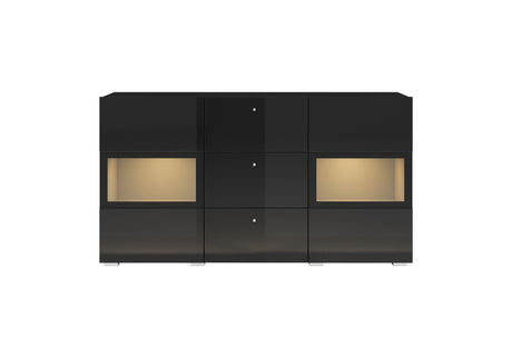 SIDEBOARD ATHENS 132CM BLACK GLOSS / BLACKThe Athens 26 sideboard cabinet has a functional, modern and brilliantly crafted design, blending in seamlessly with your contemporary home. Three drawers and two partially-glazed hinged doors allow you to store a