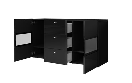 SIDEBOARD ATHENS 132CM BLACK GLOSS / BLACKThe Athens 26 sideboard cabinet has a functional, modern and brilliantly crafted design, blending in seamlessly with your contemporary home. Three drawers and two partially-glazed hinged doors allow you to store a