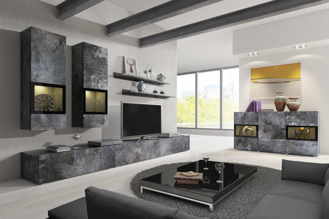 TV WALL UNIT BAROS SCHIEFERThe set consists of the following elements(width/height/depth in cm)2 x Hanging cabinet (35/100/25cm)2 x Hanging shelf (120/20/8cm)TV chest of drawers (180/26/41cm)TV chest of drawers (90/26/41)SIDEBOARD IS NOT INCLUDED IN SET (