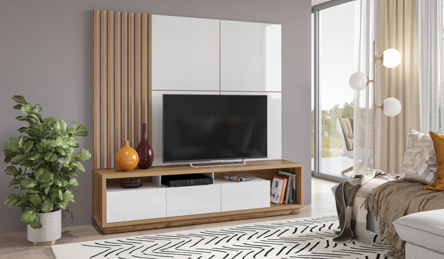 TV WALL UNIT CELINE 09 SLATWALL Wotan oak / white glossThe set consists of the following elements(width/height/depth in cm)CELINE 03 wall panel (146/146/2)Lamellas on the CELINE 04 panel (55/146/7)CELINE 40 TV chest of drawers (200/50/45)Specific informat