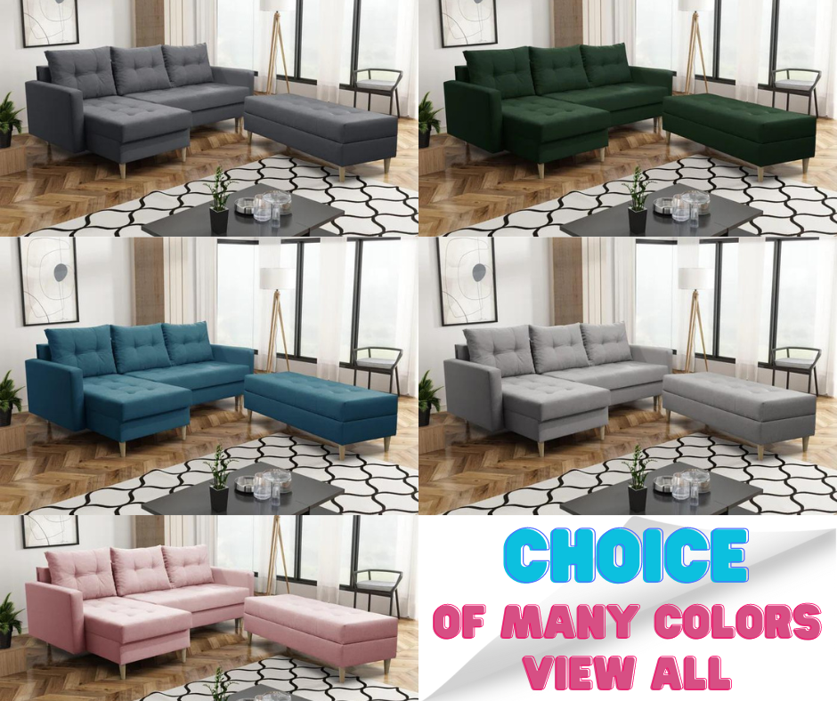 CORNER SOFA BED BRIAN 222CM + STORAGE PUFF / OTTOMAN CHOICE OF COLOR UNIVERSAL RIGHT/LEFT CORNER / BONELL SPINGS + FOAMTHIS MODEL IS UNIVERSAL WHICH MEANS YOU CAN CHOOSE CORNER SIDE DURING ASSEMBLYMADE IN MALMO FABRIC CLICK HERE3x PILLOWS INCLUDED2X STORA