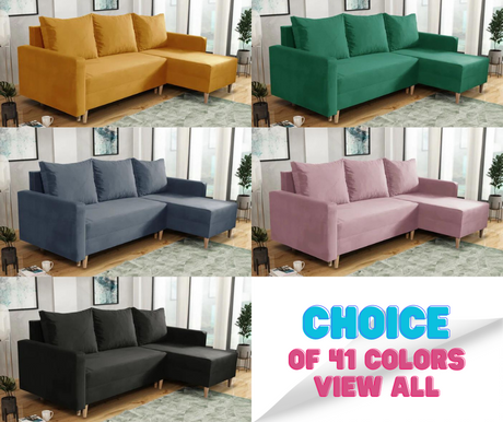 NEW! CORNER SOFA BED SNUGGY 222CM CHOICE OF 41 COLORS UNIVERSAL CORNER RIGHT/LEFT / FOAMTHIS MODEL IS UNIVERSAL WHICH MEANS YOU CAN CHOOSE CORNER SIDE DURING ASSEMBLY3x PILLOWS INCLUDED1X STORAGE SPACESOFT TOUCH FABRC MANILA CLICK HERE DIMENTIONS222X137.5