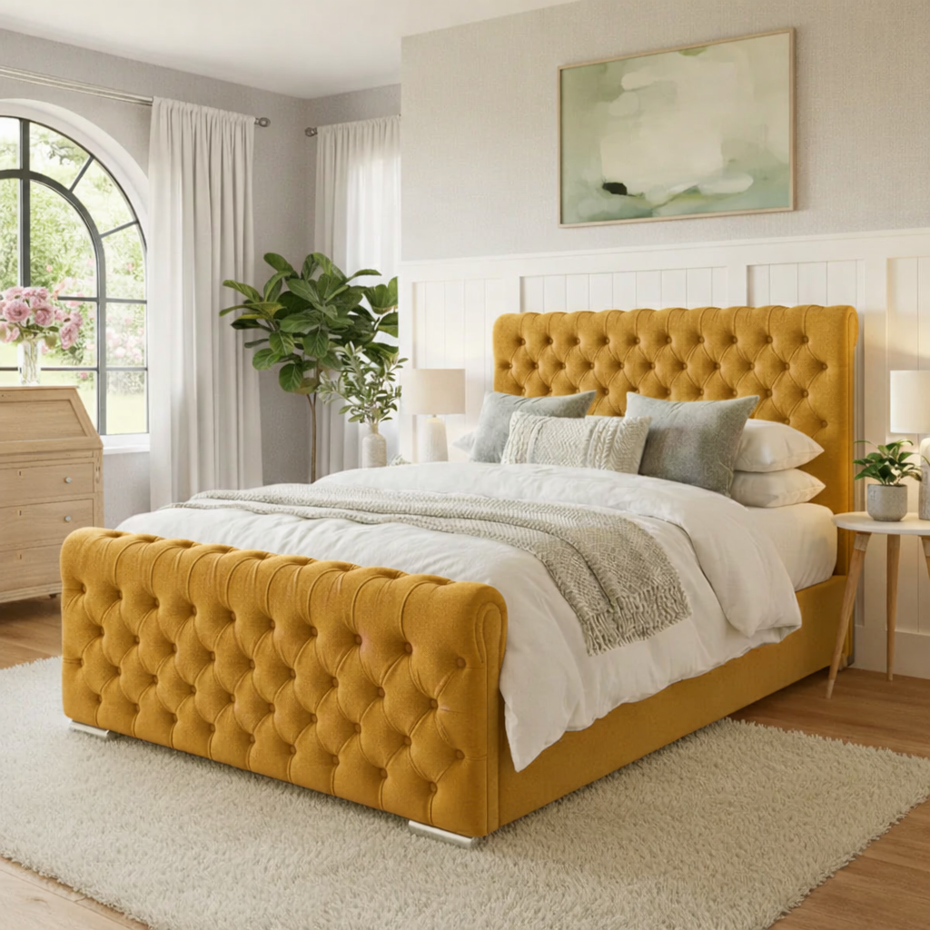 FREE DELIVERY! Luxury Wingback Chesterfield Ottoman Bed Frame – Deep Button Tufted Velvet | Available in All Sizes / PLUSH VELVET MUSTARD