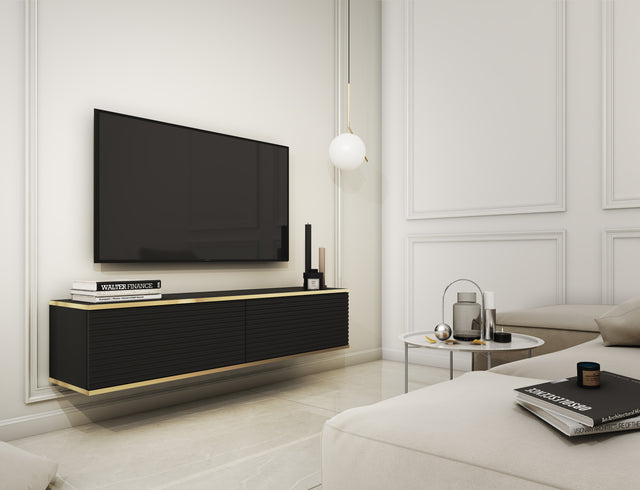 Floating TV Stand ORO 135 SLATS blackTV Stand ORO 135 Depth: 32cmWidth: 135cmHeight: 30cmA modern tv table is a practical and elegant piece of furniture, a perfect for people who looking for functional furniture for a modern interior.The simple design gua