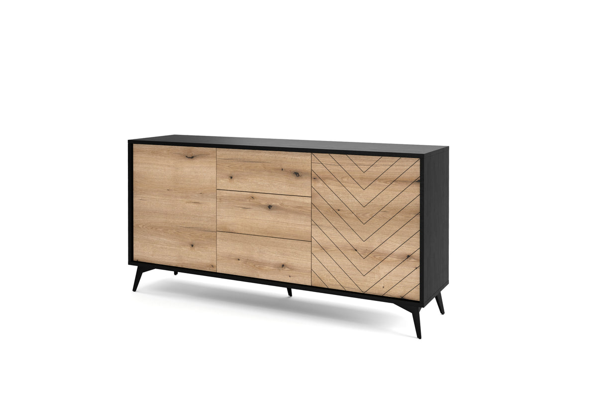 Storage cabinet DIAMOND 06 black / evoke oakStorage cabinet DIAMOND 04 (154/77/39) ColourBlack / Oak Evoke MaterialLaminated board 16mm VeneerEdging ABS Metal Legs PUSH-TO-OPENAnna Furniture