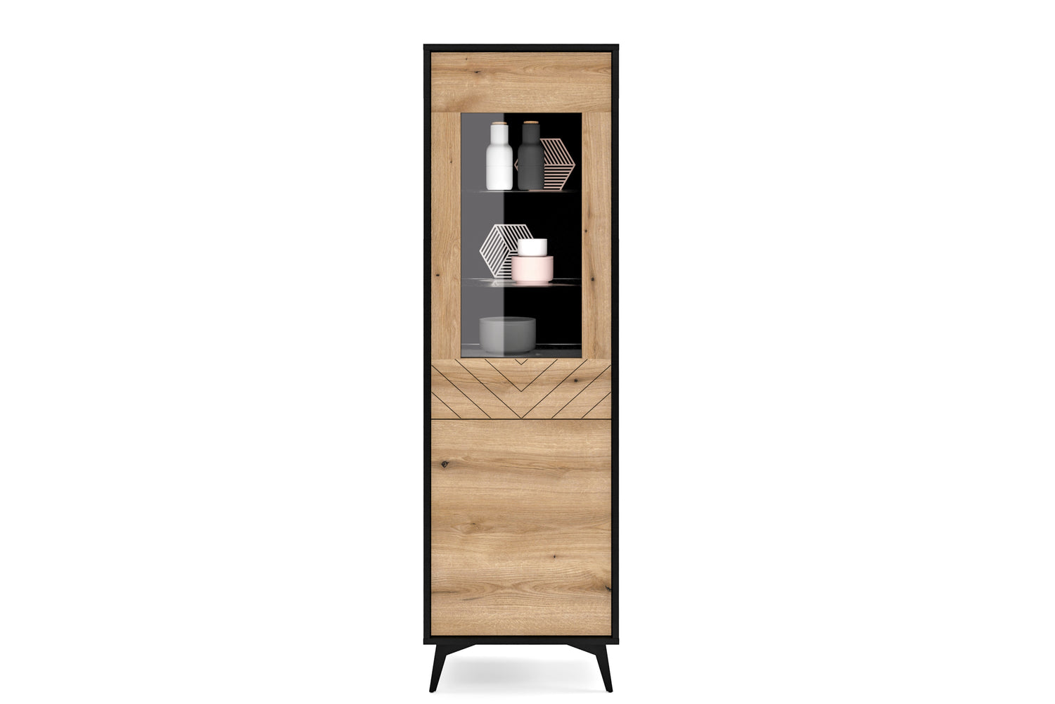 Display cabinet DIAMOND 08 black / evoke oakDisplay cabinet DIAMOND 08 (54/178/39) ColourBlack / Oak Evoke MaterialLaminated board 16mm VeneerEdging ABS Metal Legs PUSH-TO-OPENAnna Furniture