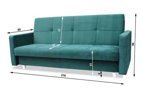 SOFA BED COSMO 210cm SAWANA 05 / SPRINGS + FOAMSofa dimensions: sleeping area 120/187 cm width 210 cm depth 90 cm height to the seat 43 cm height of the legs 9 cm* dimensions are given with a tolerance of +/- 3 cmThe sleeping area is entirely made of spri