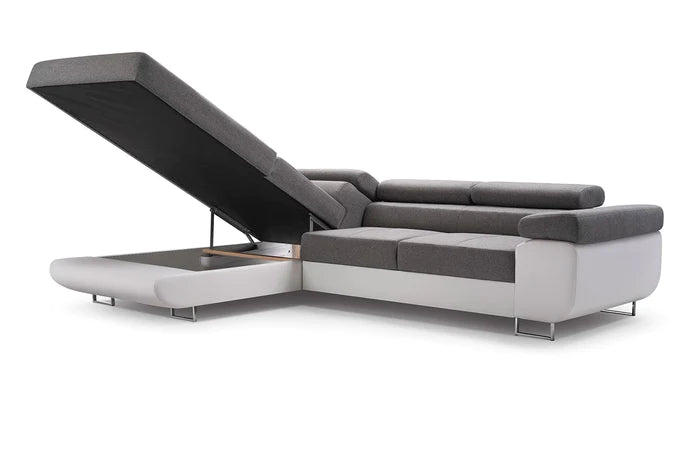 ASH II 273CM KRONOS 17 / SOFT 1114 RIGHT CORNERWavy springs + foam Large sleeping areaTOP OF THE SOFA FABRIC KRONOS 17 BOTTOM FAUX BLACK LEATHER Dimensions W: 273cm D:203cm H: 90cm Sleeping area: 195x123cmAnna Furniture