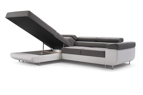 ASH II 273CM KRONOS 17 / SOFT 1114 RIGHT CORNERWavy springs + foam Large sleeping areaTOP OF THE SOFA FABRIC KRONOS 17 BOTTOM FAUX BLACK LEATHER Dimensions W: 273cm D:203cm H: 90cm Sleeping area: 195x123cmAnna Furniture