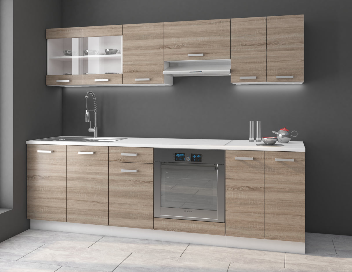 DAVE KITCHEN SET SONOMA OAK TRUFFLEThe set includes the following elements:Upper cabinets (hanging) DAVE 80 GS-60 2F | width: 80cm, depth: 31cm, height: 60cm DAVE 40 G-60 1F | width: 40cm, depth: 31cm, height: 60cm DAVE 60 OK-40 1F | width: 60cm, depth: 3