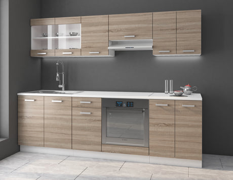 DAVE KITCHEN SET SONOMA OAK TRUFFLEThe set includes the following elements:Upper cabinets (hanging) DAVE 80 GS-60 2F | width: 80cm, depth: 31cm, height: 60cm DAVE 40 G-60 1F | width: 40cm, depth: 31cm, height: 60cm DAVE 60 OK-40 1F | width: 60cm, depth: 3