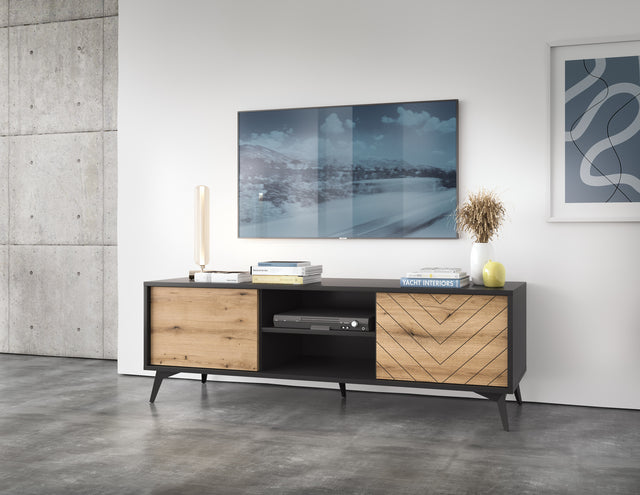 TV Stand DIAMOND 01 black / evoke oakTV Stand DIAMOND 01 (154/50/39) ColourBlack / Oak Evoke MaterialLaminated board 16mm VeneerEdging ABS Metal Legs PUSH-TO-OPENAnna Furniture