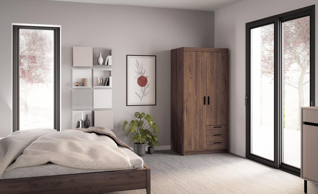 WARDROBE SELENA 2D 3S 90CM *AVAILABLE IN 3 COLORS*AVAILABLE IN 3 COLORSSONOMA, WHITE AND LEFKAS OAK Dimensions: 897 x 1905 x 530 mm (W x H x D) Number of packages: 2 Front: - laminated board 15 mm - the melamine edging - handle: 128 mm / plastic The body: