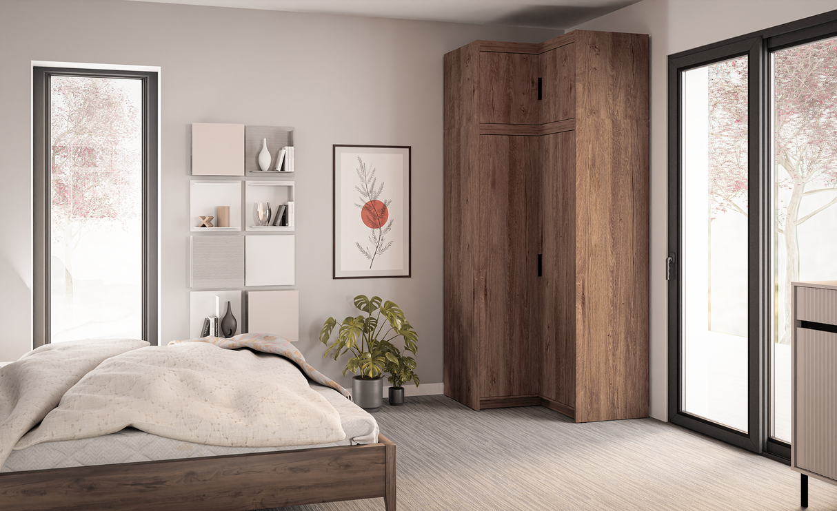 CORNER WARDROBE SELENA 2D NAR 100CM *AVAILABLE IN 3 COLORS*AVAILABLE IN 3 COLORSSONOMA, WHITE AND LEFKAS OAK Dimensions: 978 x 1905 x 978 mm (W x H x D) Number of packages: 3 Front: - laminated board 15 mm - the melamine edging - handle: 128 mm / plastic