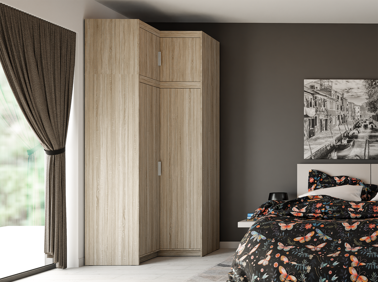 CORNER WARDROBE SELENA 2D NAR 100CM *AVAILABLE IN 3 COLORS*AVAILABLE IN 3 COLORSSONOMA, WHITE AND LEFKAS OAK Dimensions: 978 x 1905 x 978 mm (W x H x D) Number of packages: 3 Front: - laminated board 15 mm - the melamine edging - handle: 128 mm / plastic