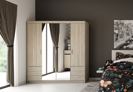 CORNER WARDROBE SELENA 4D 6S - MIRROR 176CM *AVAILABLE IN 3 COLORS*AVAILABLE IN 3 COLORSSONOMA, WHITE AND LEFKAS OAK Dimensions: 176 x 1905 x 530 mm (W x H x D) Number of packages: 4 Front: - laminated board 15 mm - the melamine edging - handle: 128 mm /