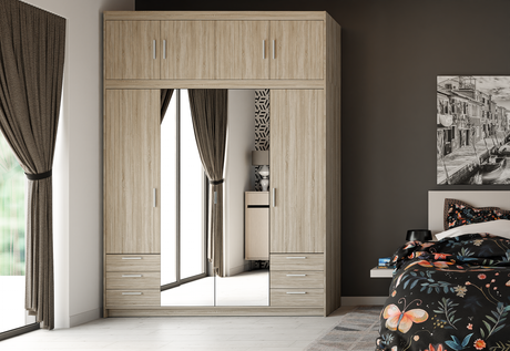 CORNER WARDROBE SELENA 4D 6S - MIRROR 176CM *AVAILABLE IN 3 COLORS*AVAILABLE IN 3 COLORSSONOMA, WHITE AND LEFKAS OAK Dimensions: 176 x 1905 x 530 mm (W x H x D) Number of packages: 4 Front: - laminated board 15 mm - the melamine edging - handle: 128 mm /