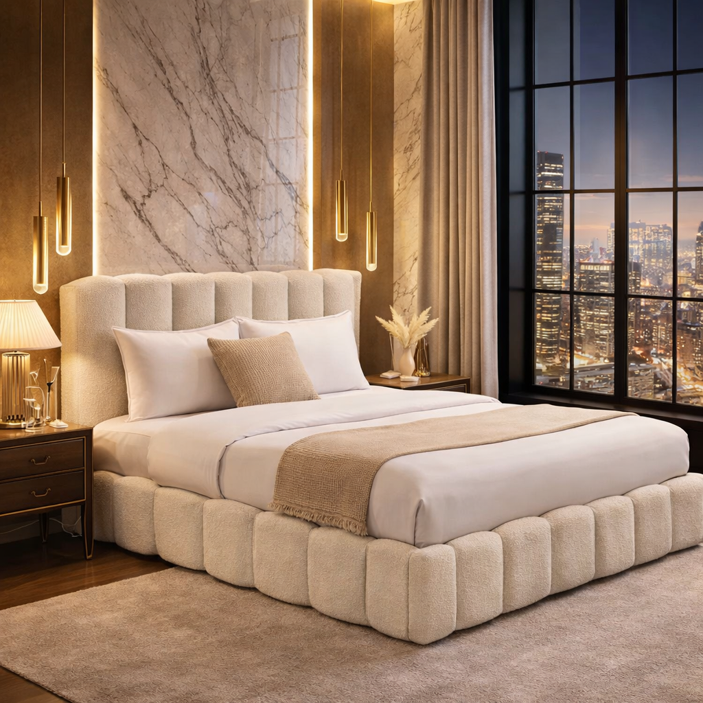 FREE DELIVERY! Ottoman Bed Frame Cloud – Teddy Boucle fabric | Available in All Sizes / LATTE - Anna Furniture
